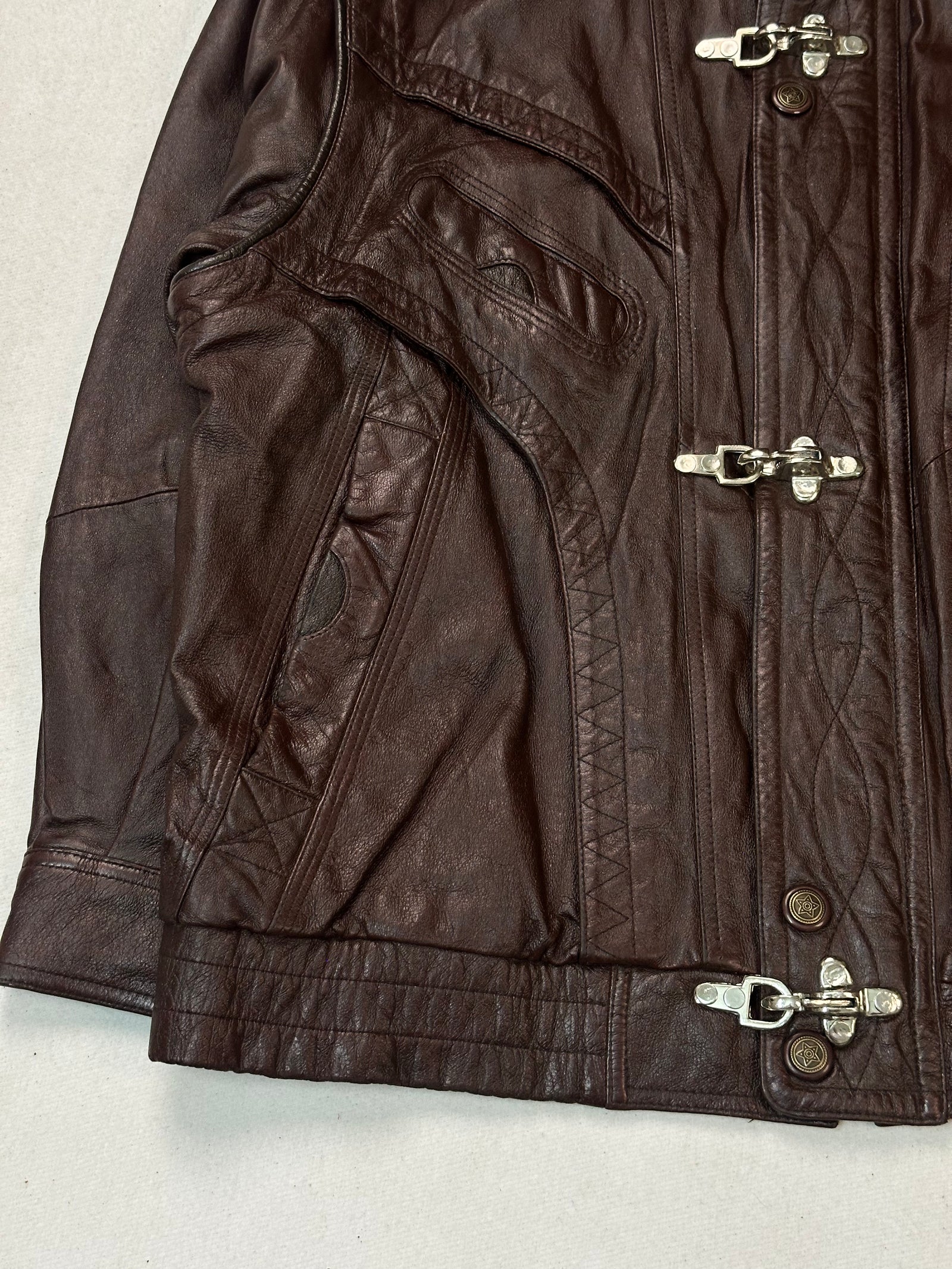 Burgundy Leather Harrington Jacket, Ticking Stripe Lining (Size L)