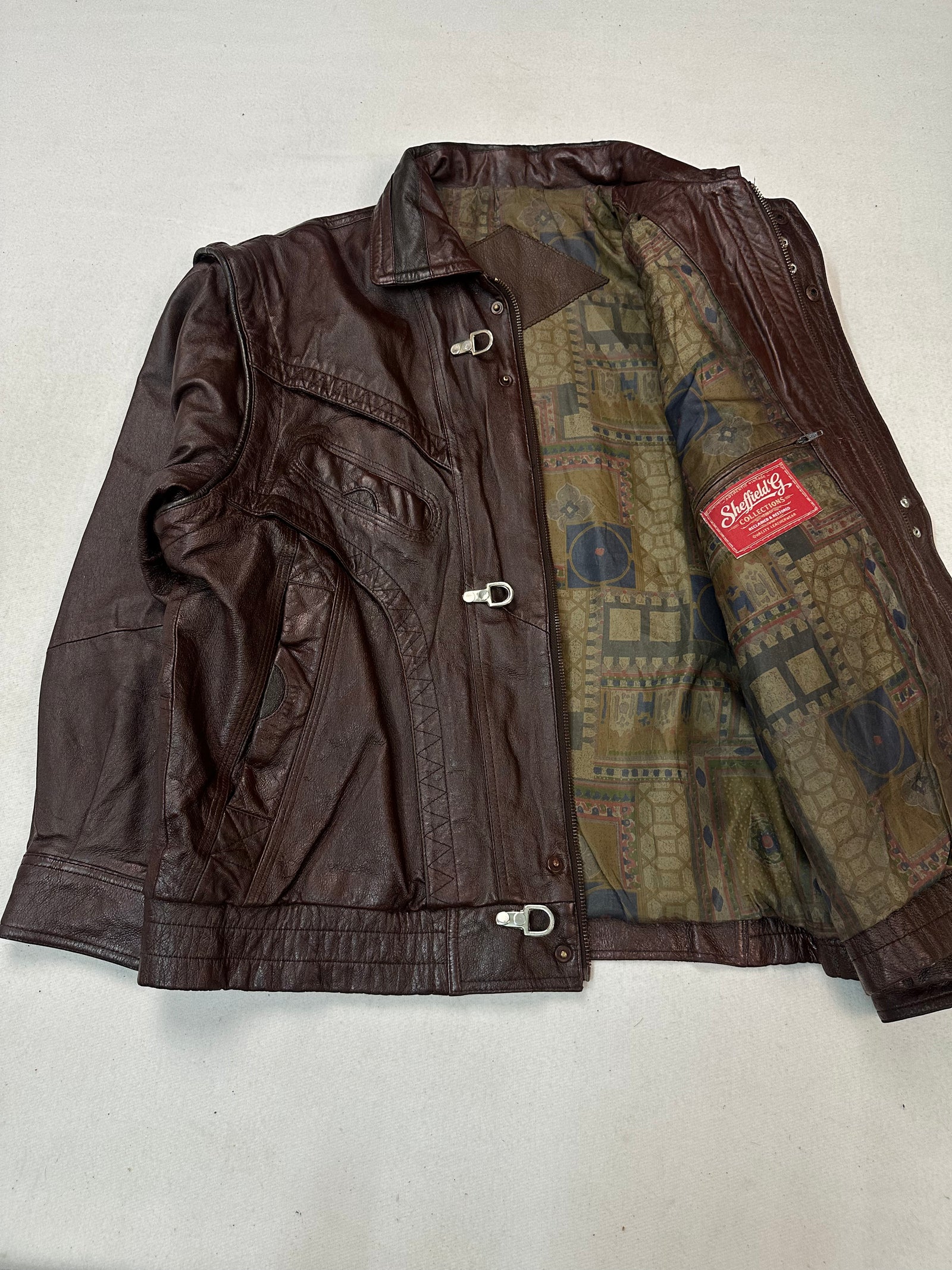 Burgundy Leather Harrington Jacket, Ticking Stripe Lining (Size L)