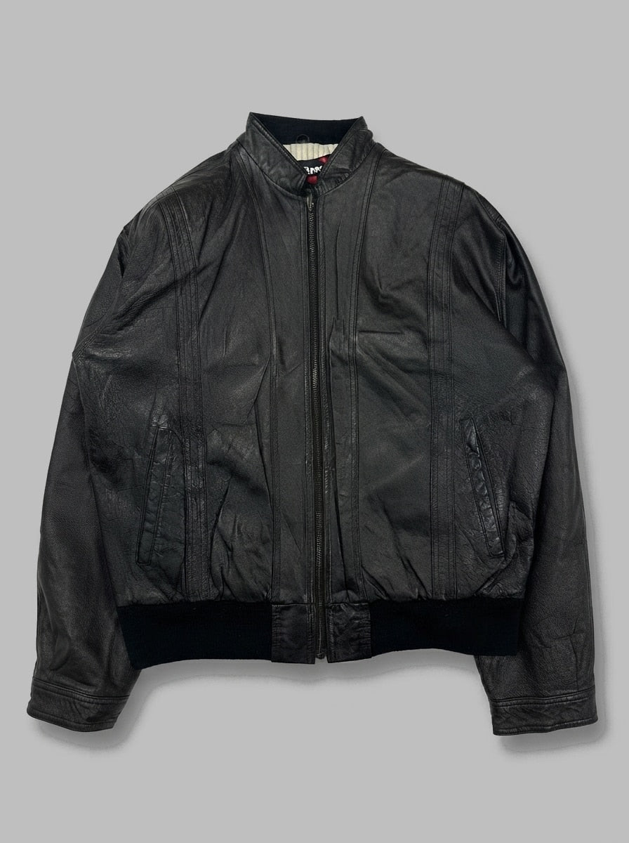 Black leather bomber jacket, size L, shown flat from the front. Band collar and panel seams.