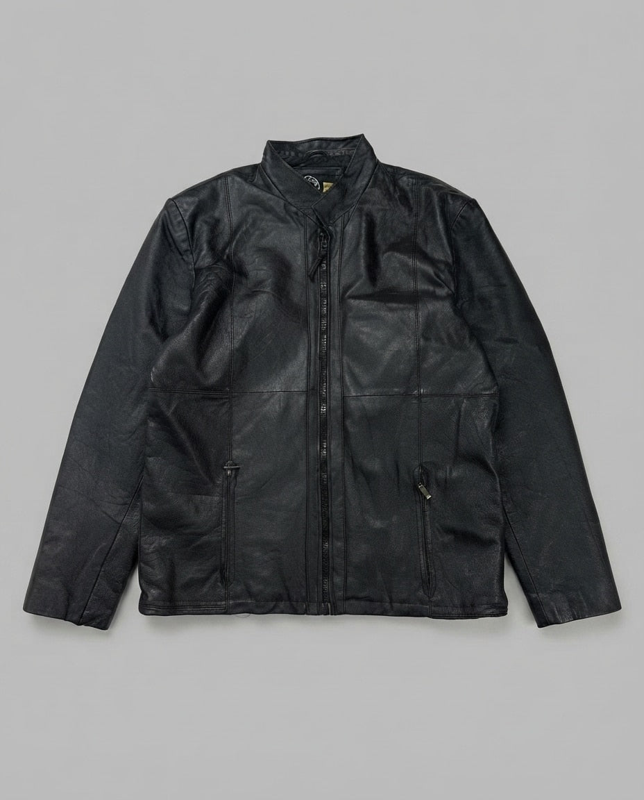 Black leather cafe racer jacket, size L, shown flat from the front. Clean minimal hardware.