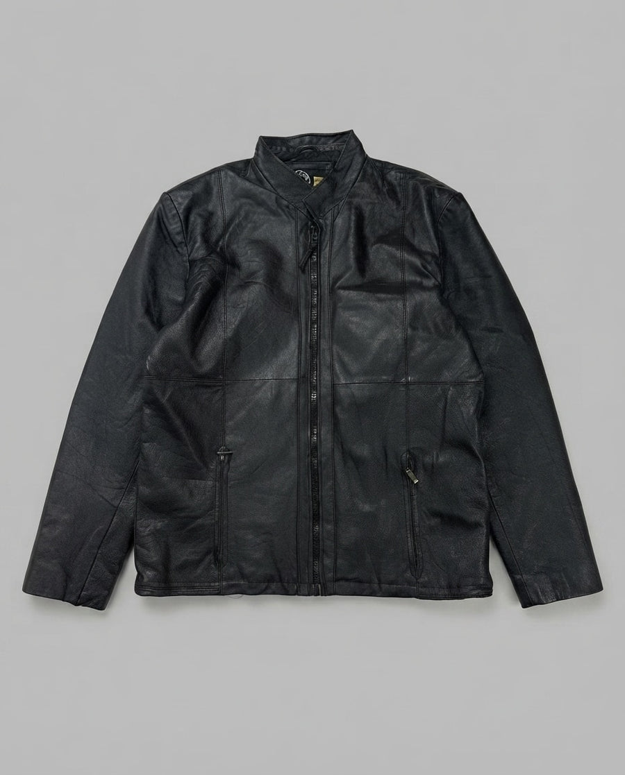 Black leather cafe racer jacket, size L, shown flat from the front. Clean minimal hardware.