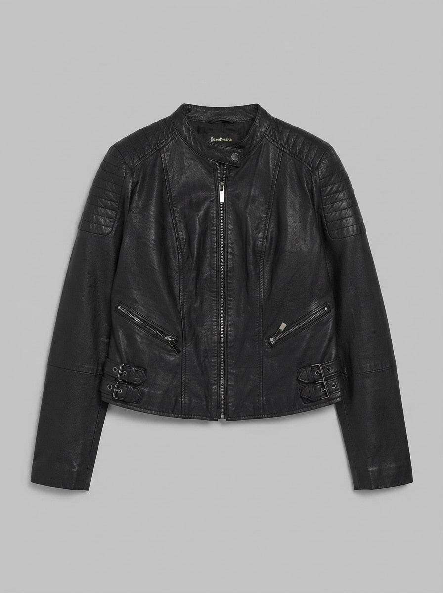 Black leather cafe racer jacket, size S, shown flat from the front. Compact clean lines.