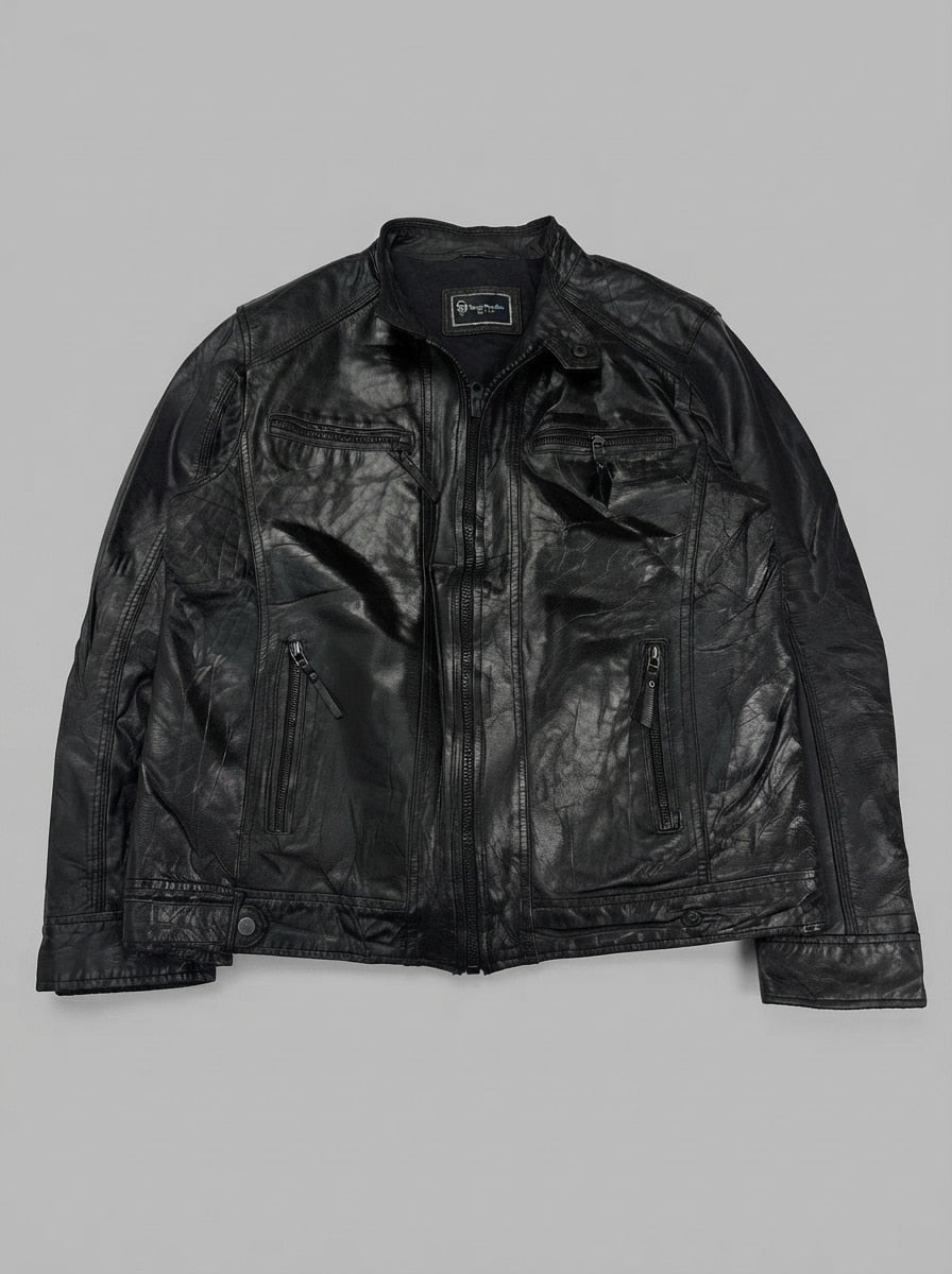 Black leather cafe racer jacket, size XL, shown flat from the front. Four-pocket moto cut.