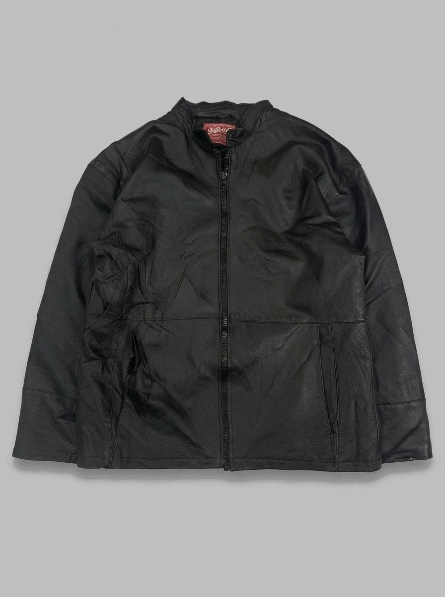 Black leather cafe racer jacket, size L, shown flat from the front. Mandarin collar.