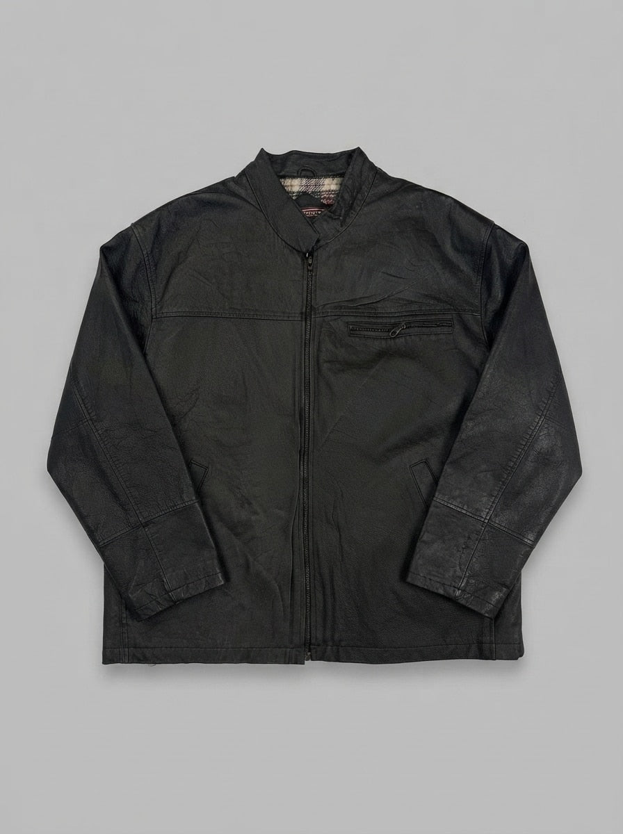 Black leather cafe racer jacket, size L, shown flat from the front. Plaid check lining.