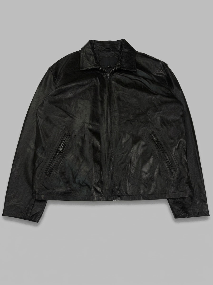 Black leather cafe racer jacket, size L, shown flat from the front. Slim band collar.