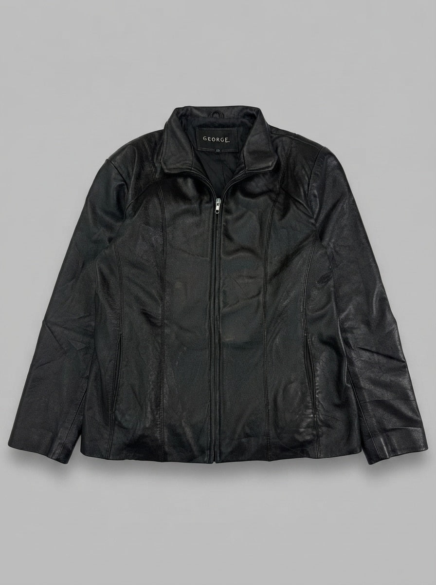 Black leather cafe racer jacket, size M, shown flat from the front. Soft fold-over collar.