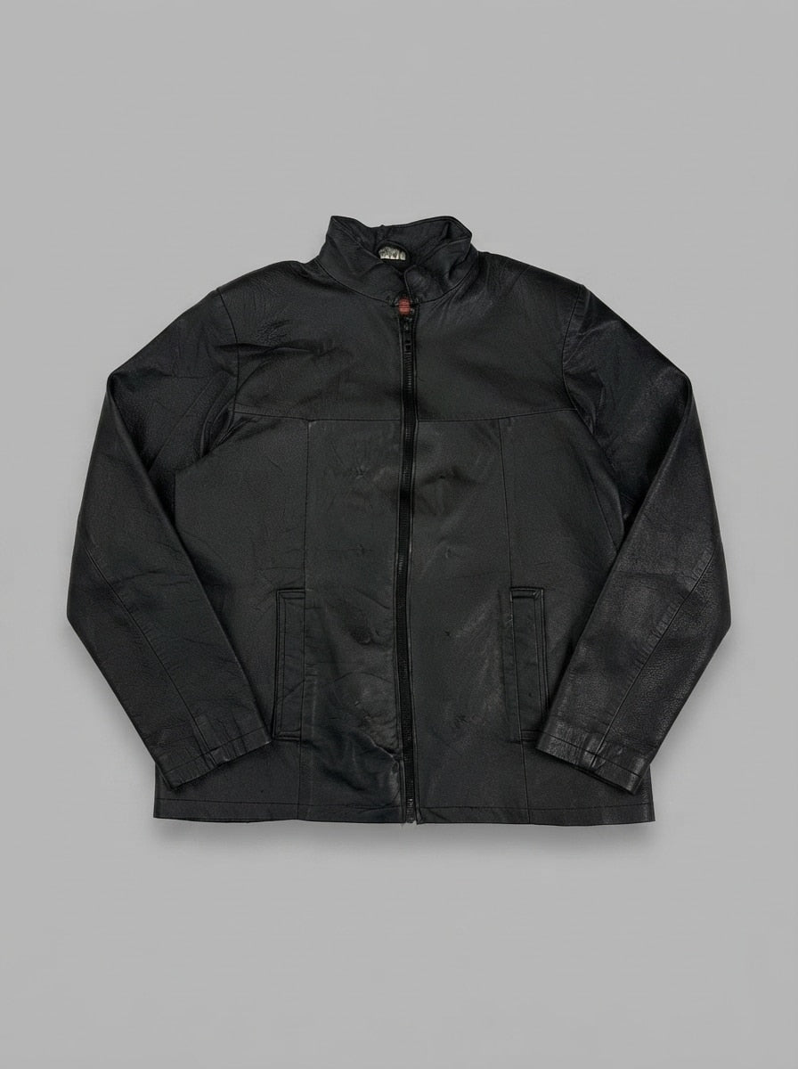 Black leather cafe racer jacket, size L, shown flat from the front. Welt pocket design.