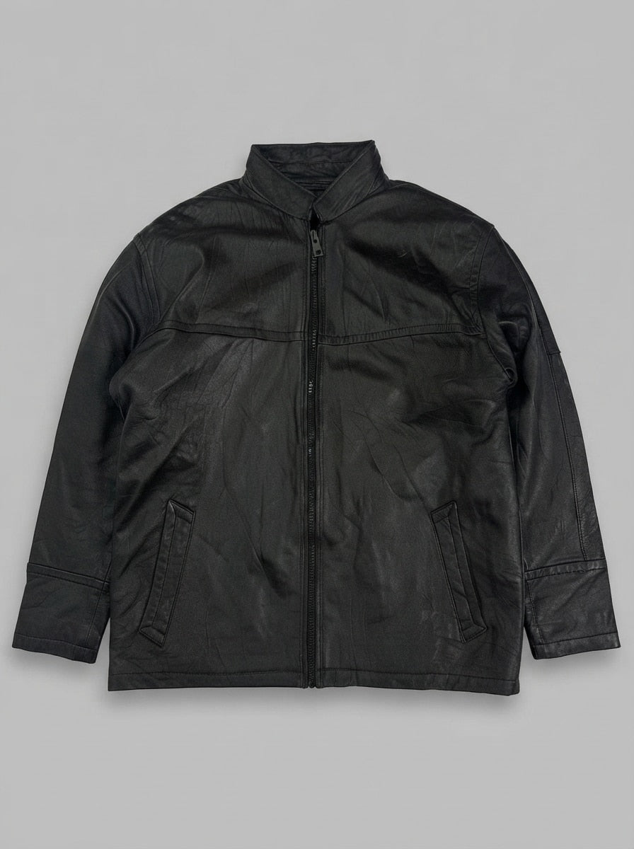 Black leather cafe racer jacket, size L, shown flat from the front. Yoke seam and clean front.