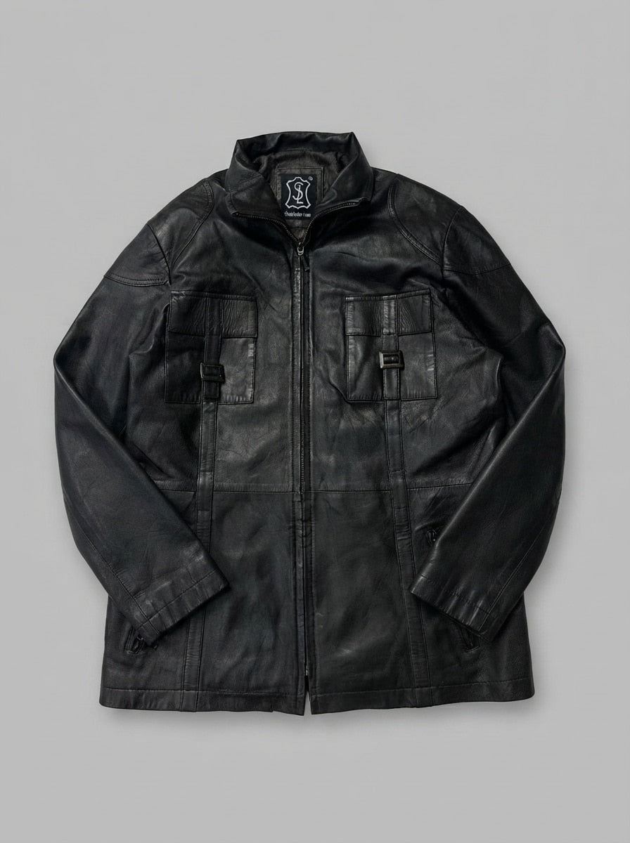 Black leather field jacket, size L, shown flat from the front. Buckle tabs and back vent.