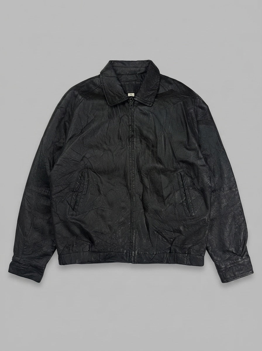 Black leather harrington jacket, size XL, shown flat from the front. Blouson silhouette.