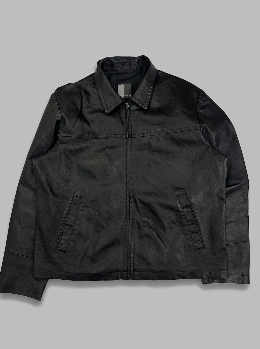 Black leather harrington jacket, size XL, shown flat from the front. Clean yoke front.