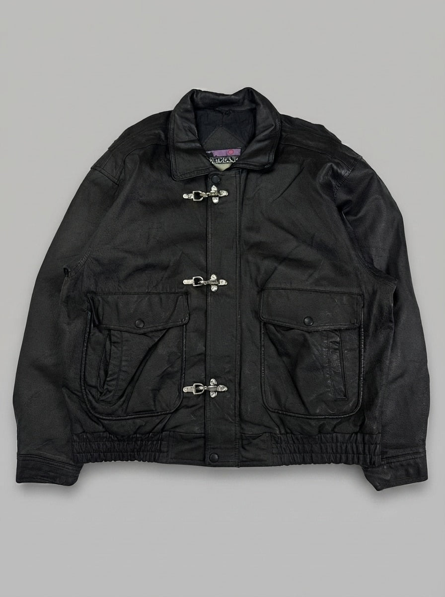 Black leather harrington jacket, size XXL, shown flat from the front. Side-entry flaps and toggles.