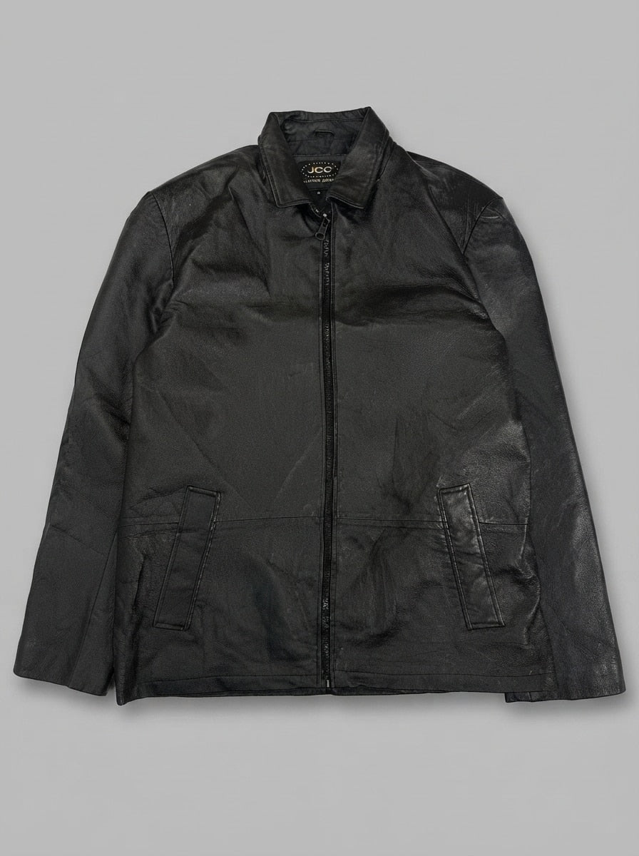 Black leather vintage jacket, size L, shown flat from the front. Blazer-style button cuffs.