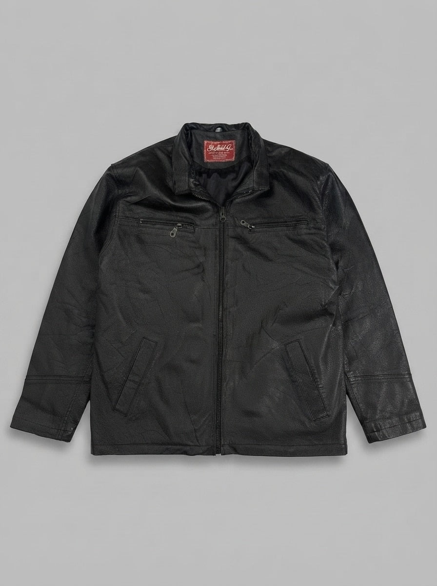 Black leather vintage jacket, size L, shown flat from the front. Fireman toggle closures.