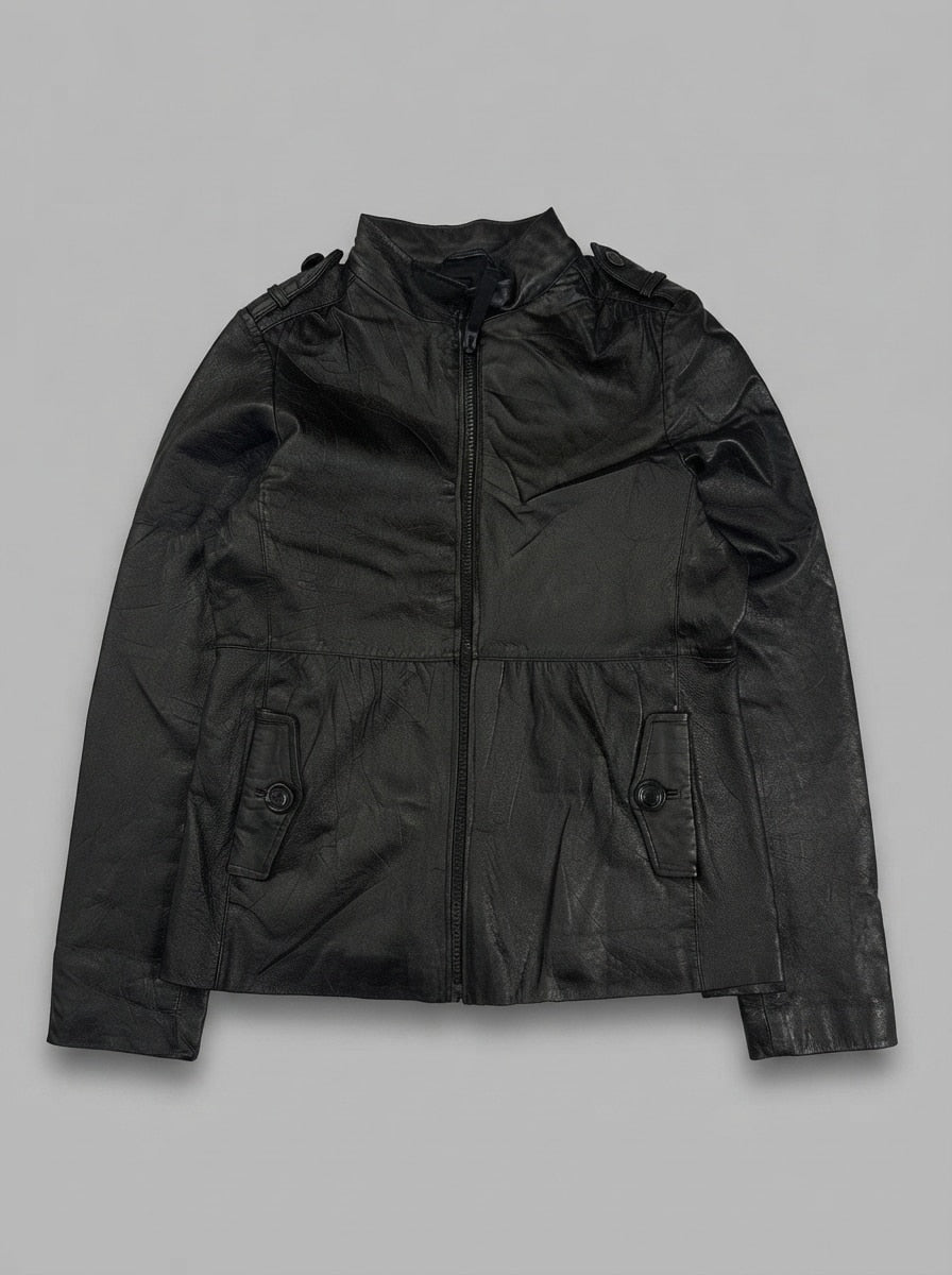 Black leather vintage jacket, size M, shown flat from the front. High collar and longer cut.