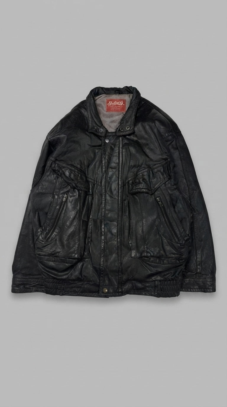 Black leather vintage jacket, size XXL, shown flat from the front. Military stand collar.