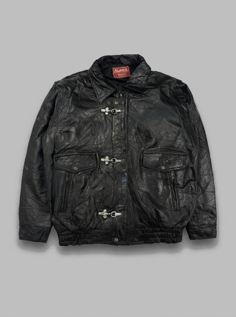 Black leather vintage jacket, size XXL, shown flat from the front. Patchwork and four toggles.