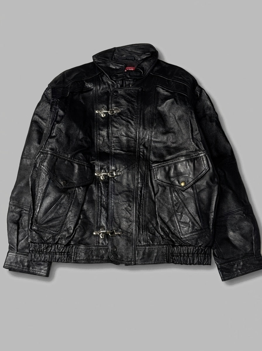 Black leather vintage jacket, size M, shown flat from the front. Silver clasps.