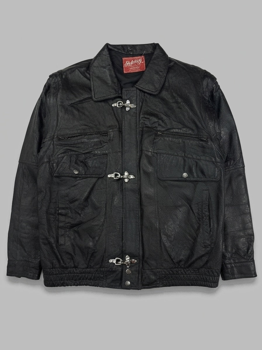 Black leather vintage jacket, size XXL, shown flat from the front. Wide collar and chest zips.