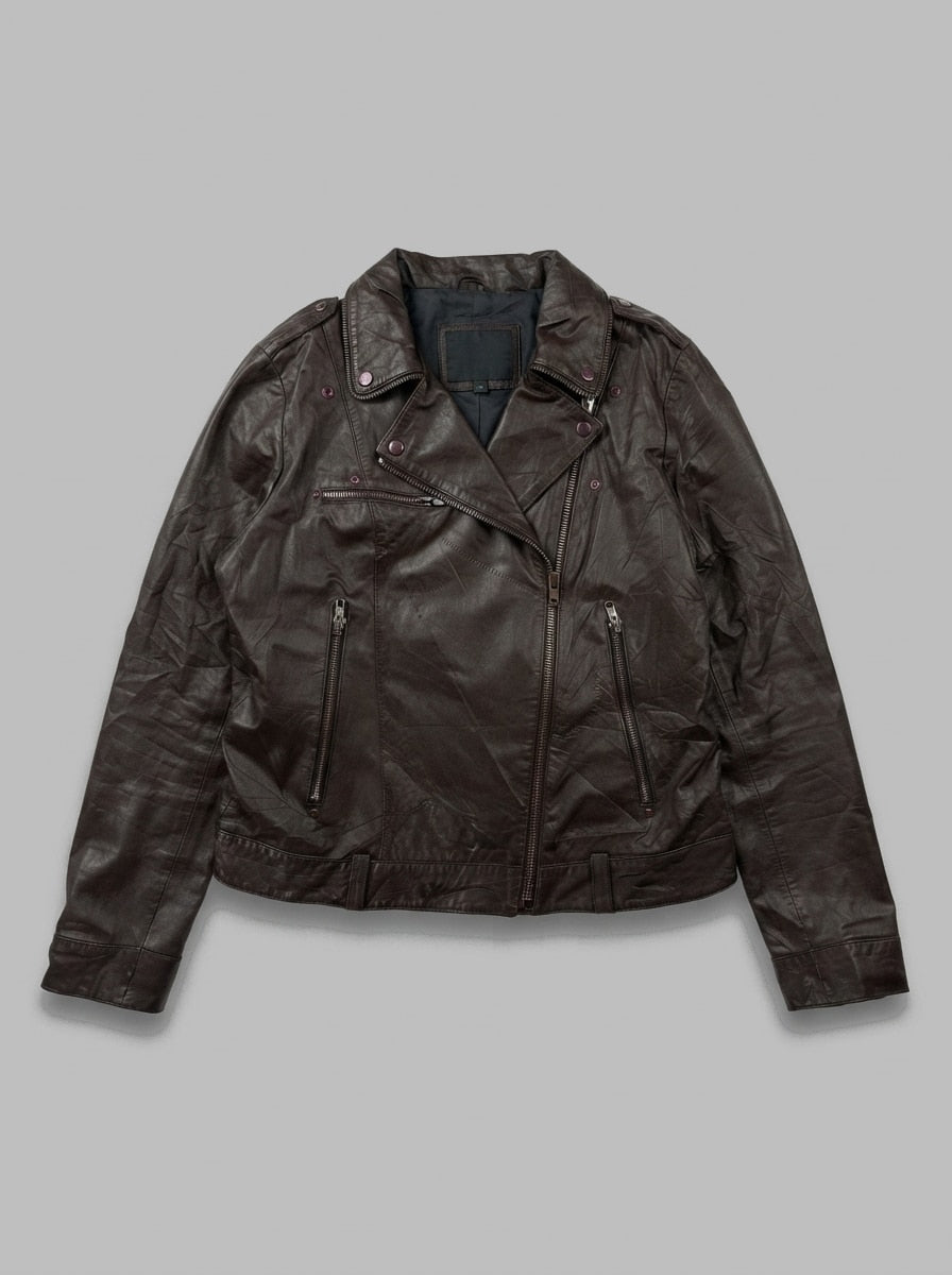 Brown leather biker jacket, size S, shown flat from the front. Belted waist.