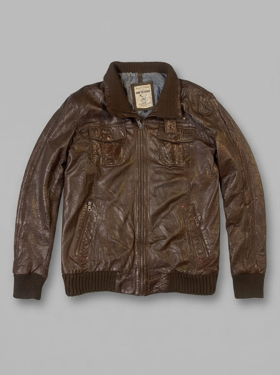 Brown leather bomber jacket, size L, shown flat from the front. Chest flap pockets.