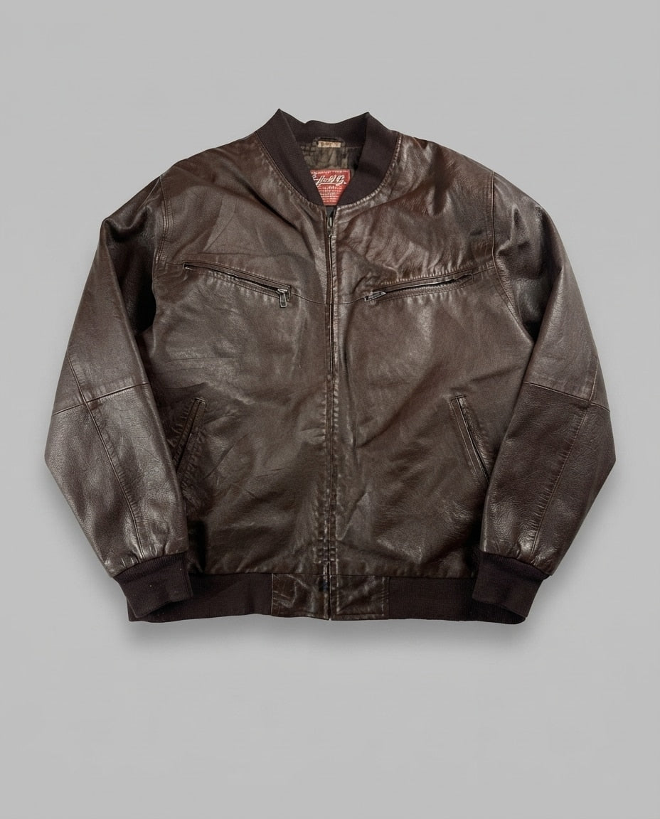 Brown leather bomber jacket, size XL, shown flat from the front. Patterned lining.