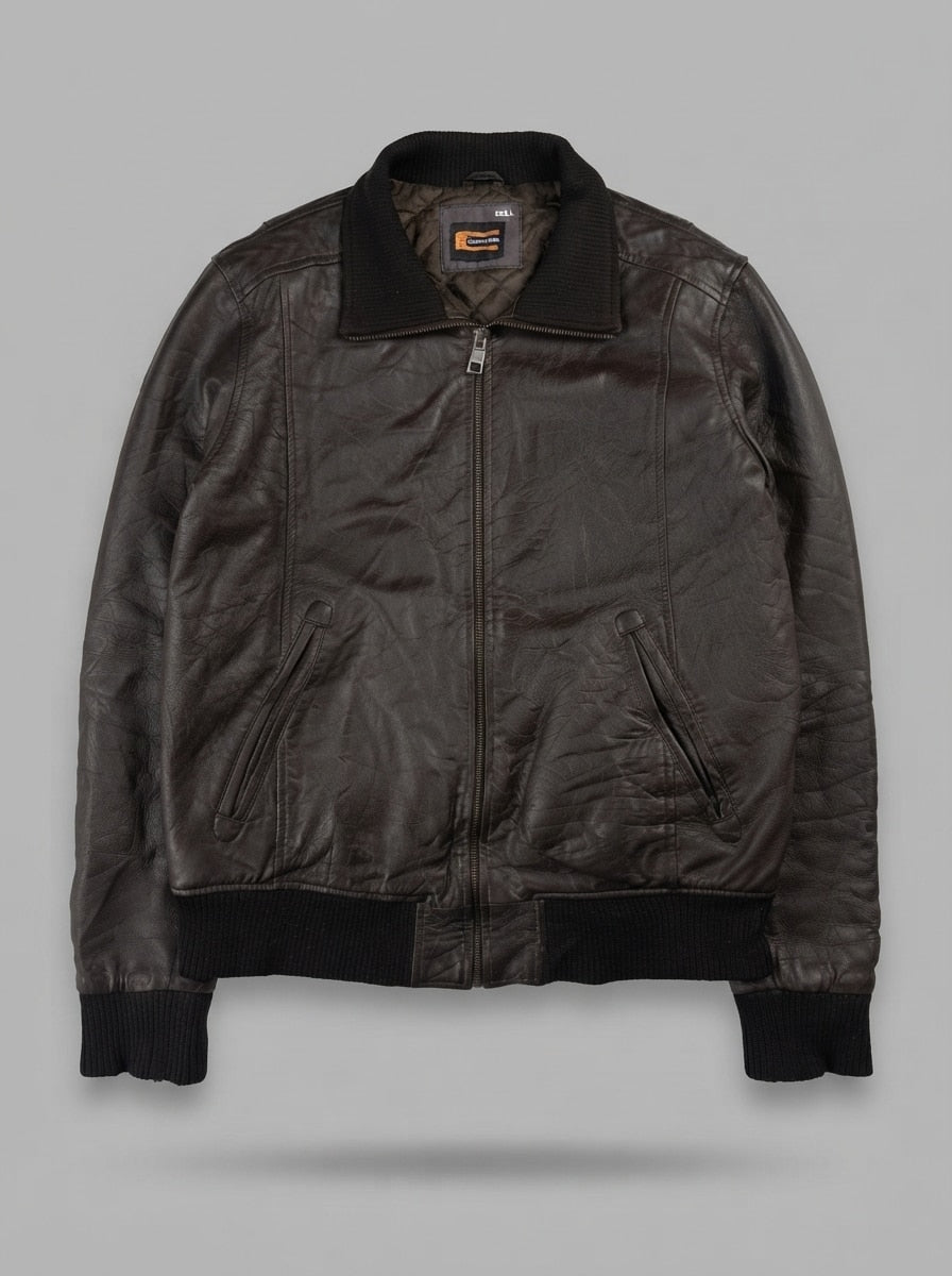 Brown leather bomber jacket, size L, shown flat from the front. Rib cuffs and hem.