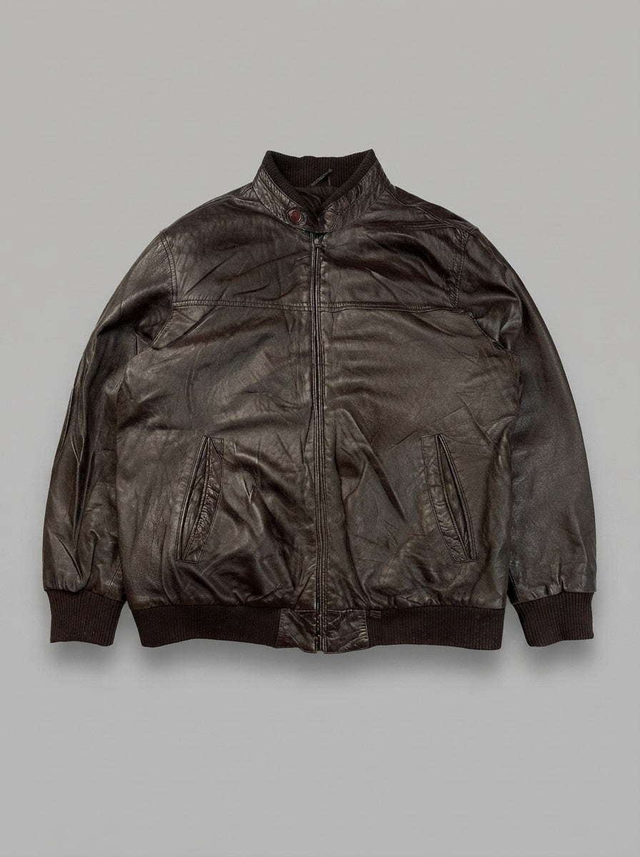 Brown leather bomber jacket, size XL, shown flat from the front. Ribbed collar and cuffs.