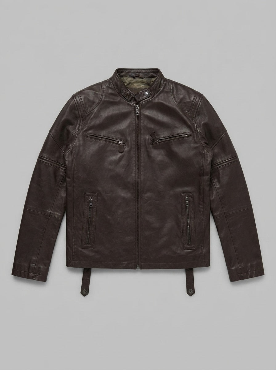Brown leather cafe racer jacket, size L, shown flat from the front. Buckle cuff adjusters.