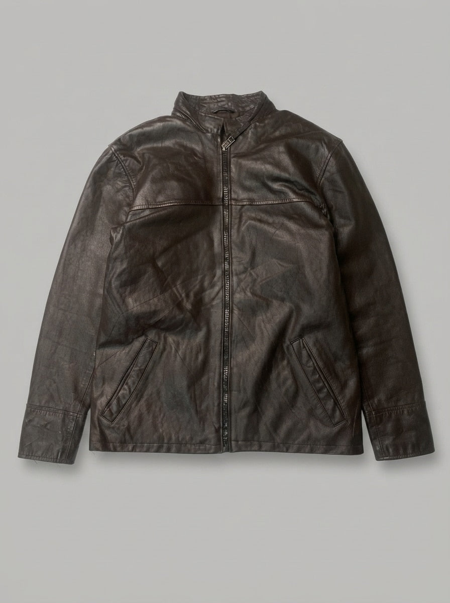 Brown leather cafe racer jacket, size L, shown flat from the front. Clean streamlined front.