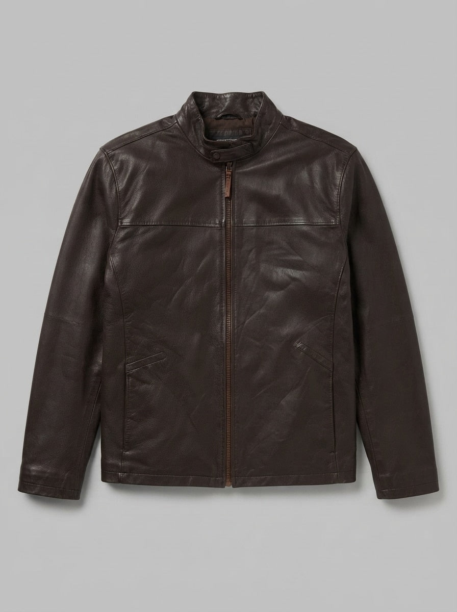 Brown leather cafe racer jacket, size L, shown flat from the front. Leather pull tab.