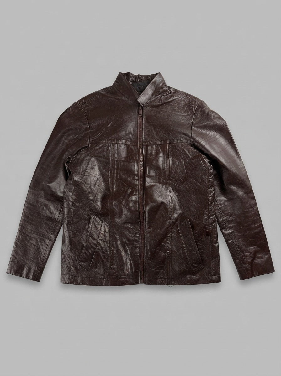 Brown leather cafe racer jacket, size S, shown flat from the front. Longer cut.