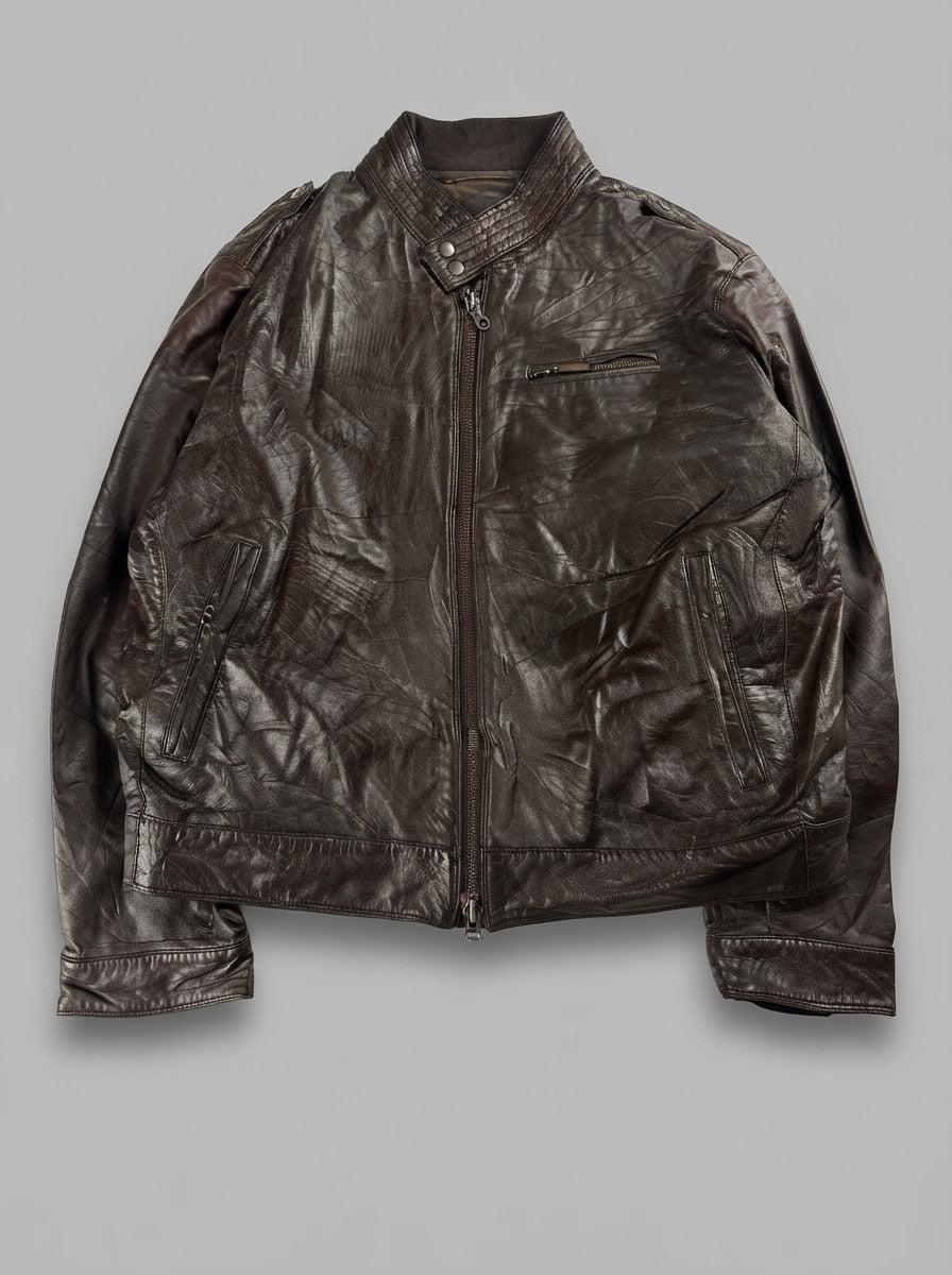 Brown leather cafe racer jacket, size XL, shown flat from the front. Low stand collar.