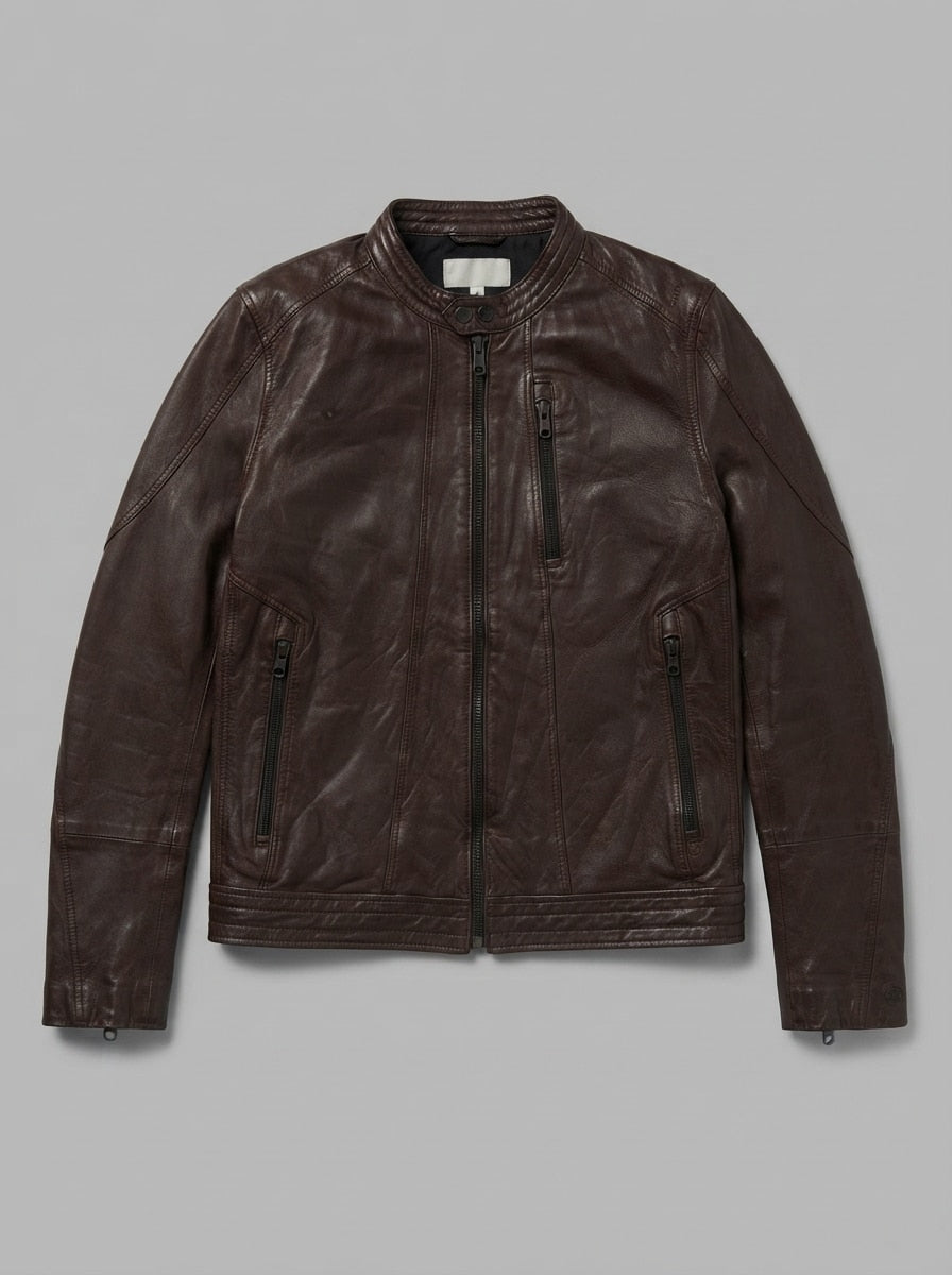Brown leather cafe racer jacket, size M, shown flat from the front. Narrow stand collar.