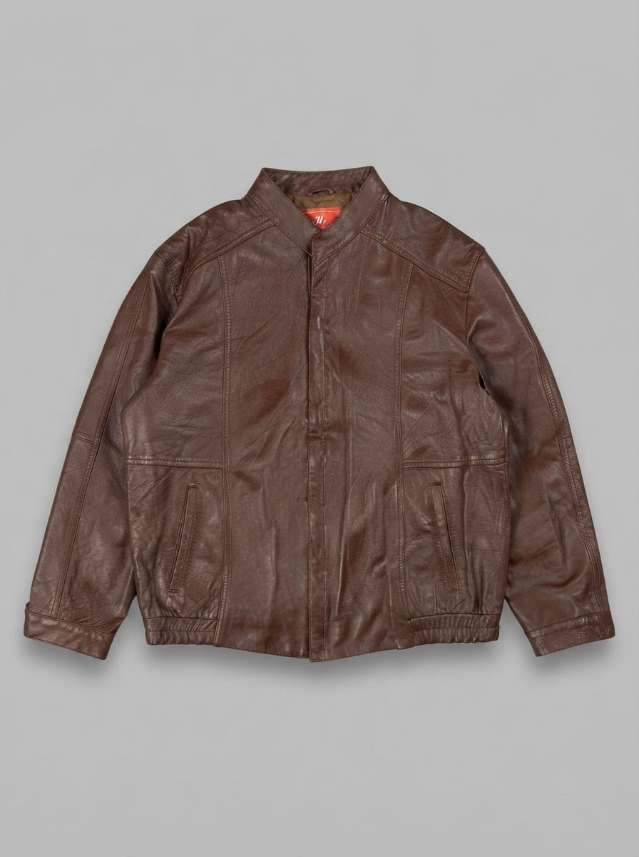 Brown leather cafe racer jacket, size XL, shown flat from the front. Olive green lining.