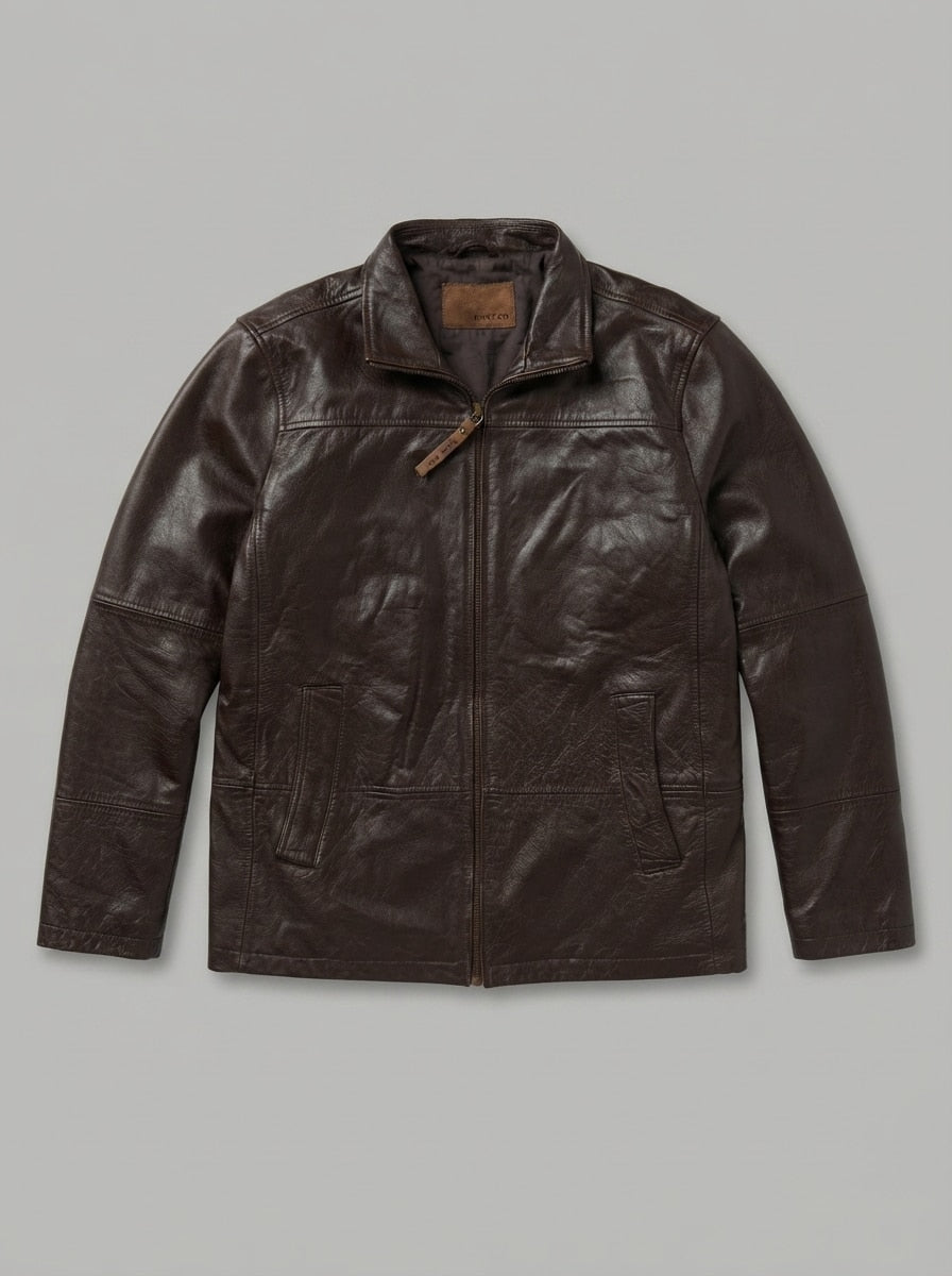 Brown leather cafe racer jacket, size L, shown flat from the front. Polished finish.