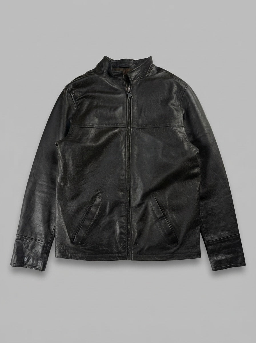 Brown leather cafe racer jacket, size L, shown flat from the front. Quilted lined.