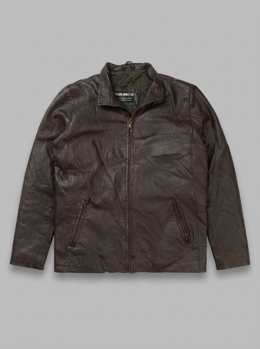 Brown leather cafe racer jacket, size XL, shown flat from the front. Quilted lining.