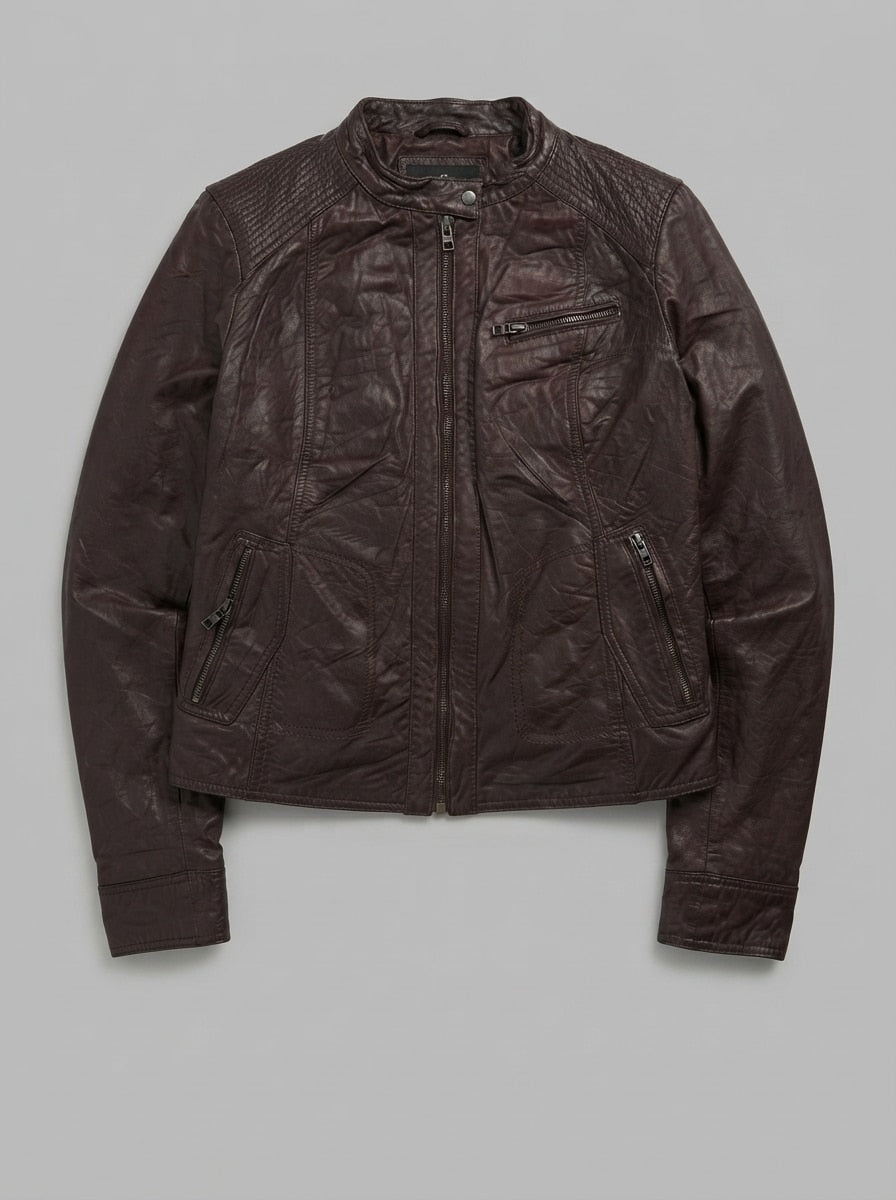 Brown leather cafe racer jacket, size M, shown flat from the front. Quilted panels.