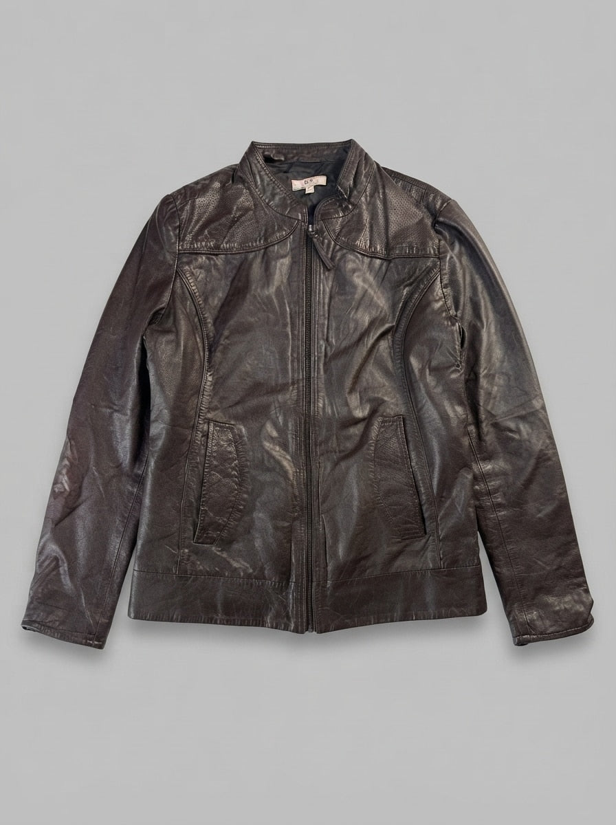 Brown leather cafe racer jacket, size M, shown flat from the front. Quilted side panels.