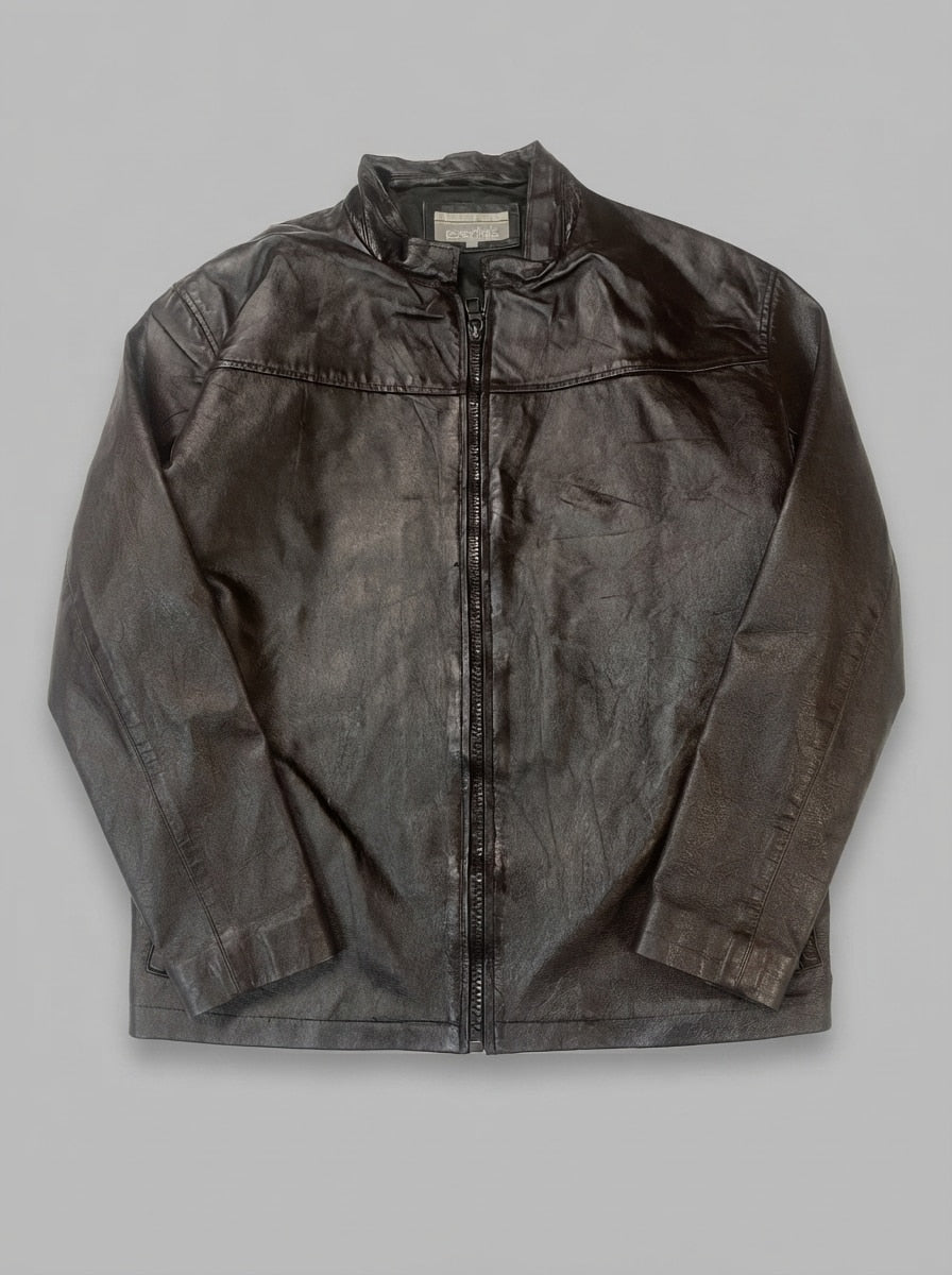 Brown leather cafe racer jacket, size L, shown flat from the front. Red-piped lining.