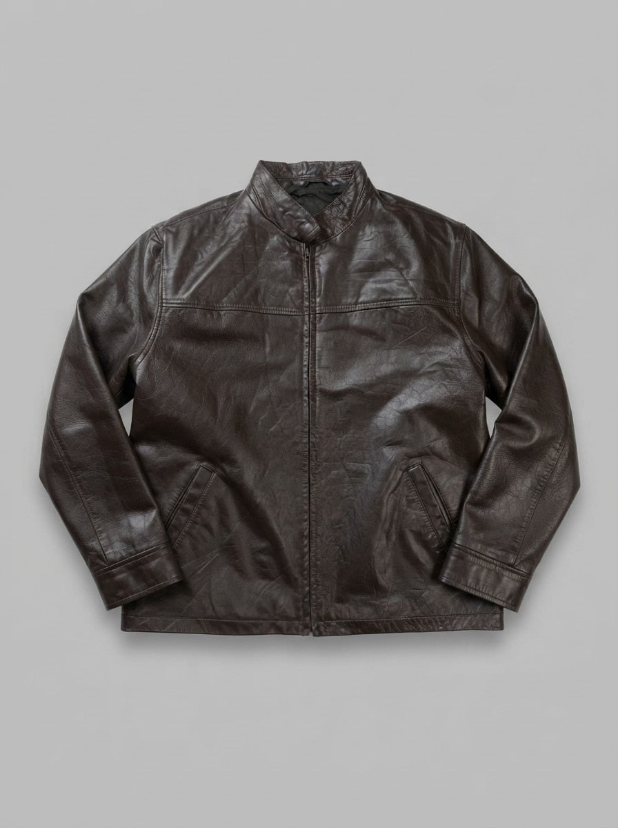 Brown leather cafe racer jacket, size L, shown flat from the front. Snap-tab collar.