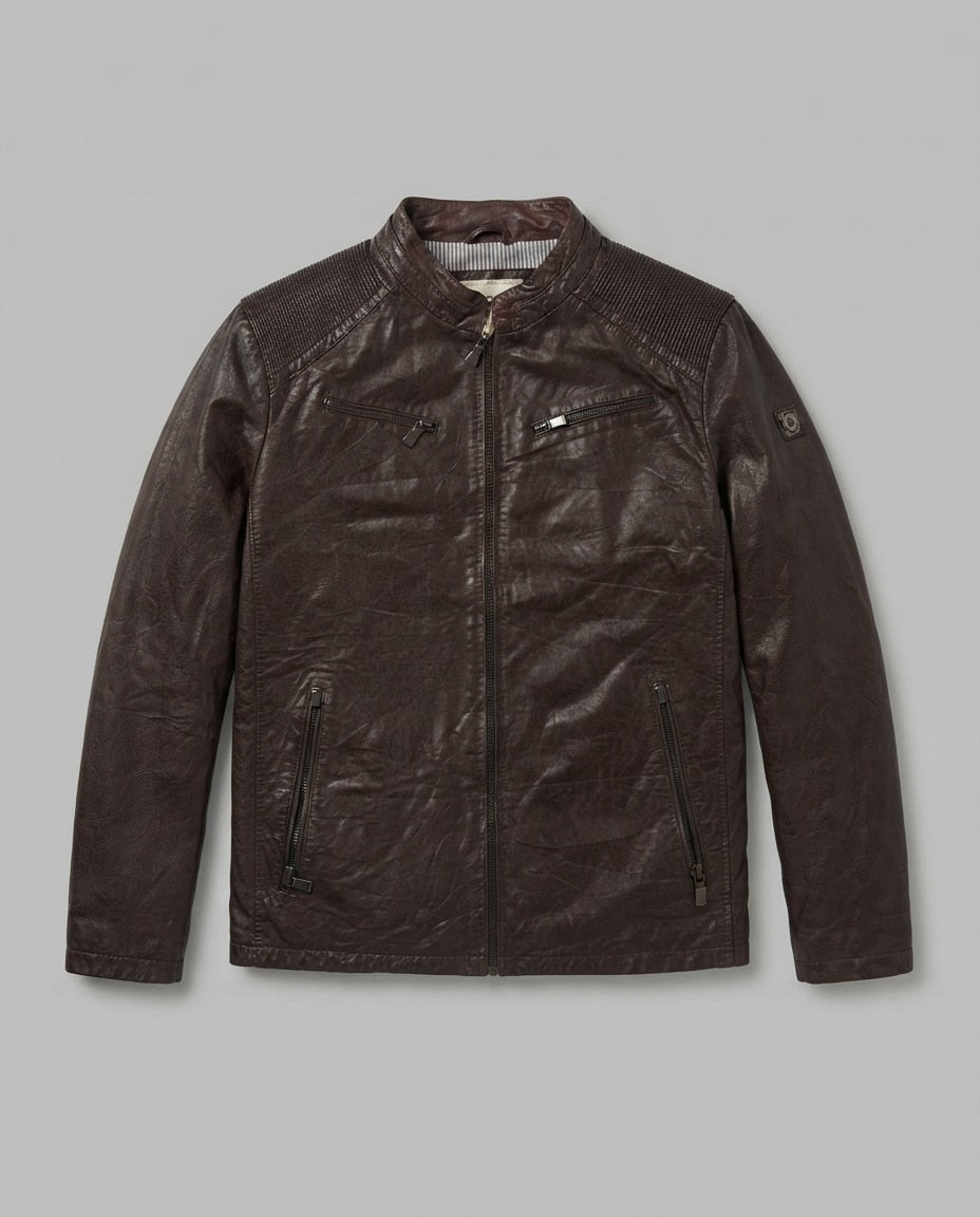 Brown leather cafe racer jacket, size XL, shown flat from the front. Striped lining.