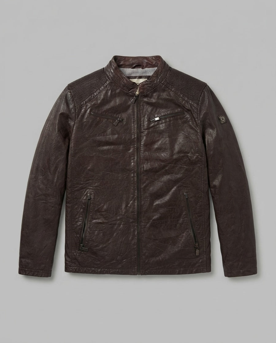 Brown leather cafe racer jacket, size XL, shown flat from the front. Striped lining.