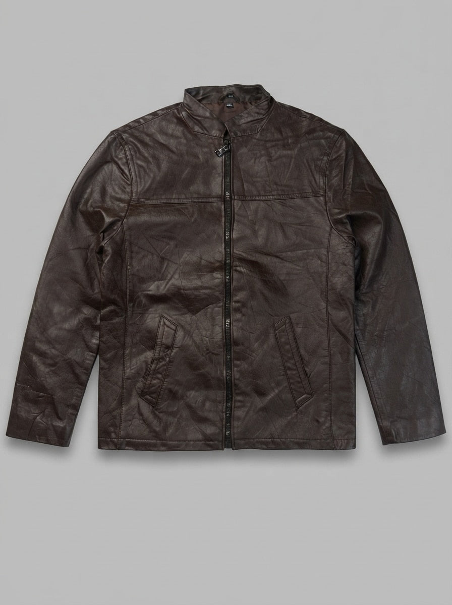 Brown leather cafe racer jacket, size XL, shown flat from the front. Tartan check lining.
