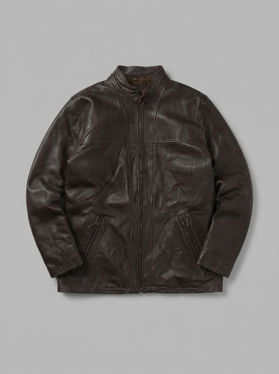 Brown leather cafe racer jacket, size L, shown flat from the front. Tartan plaid lining.