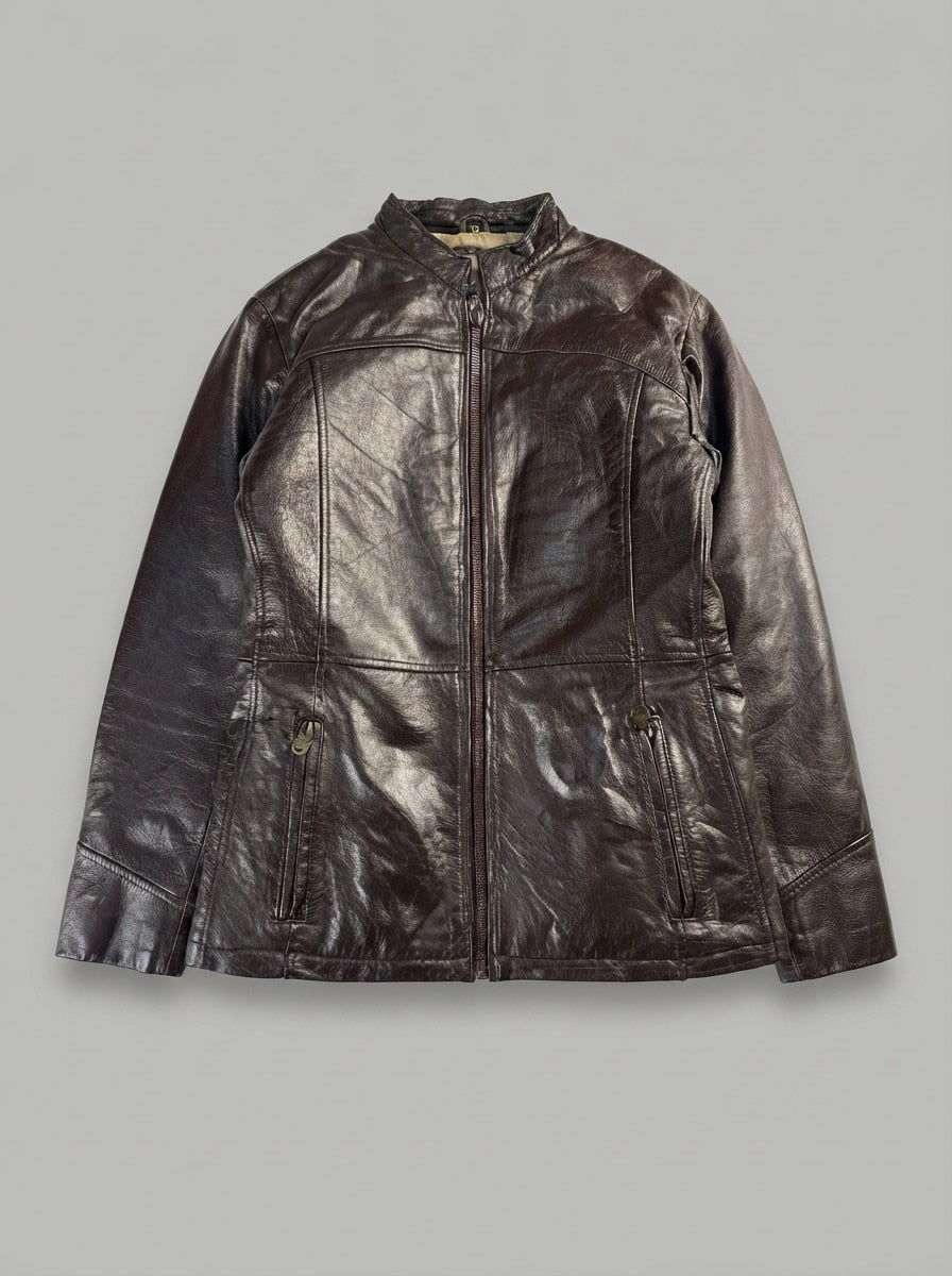 Brown leather cafe racer jacket, size S, shown flat from the front. Throat-tab stand collar.