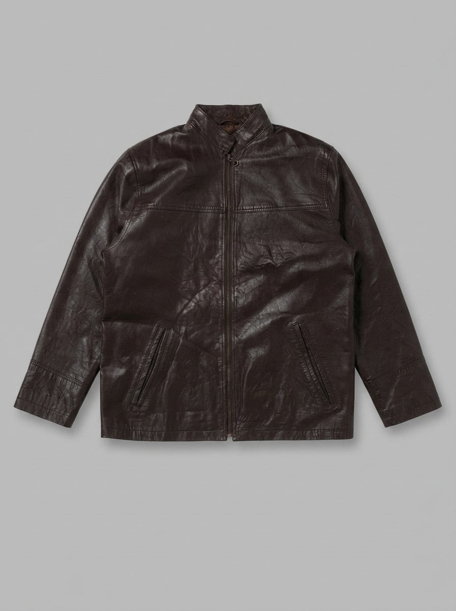 Brown leather cafe racer jacket, size L, shown flat from the front. Triple-stitched pockets.
