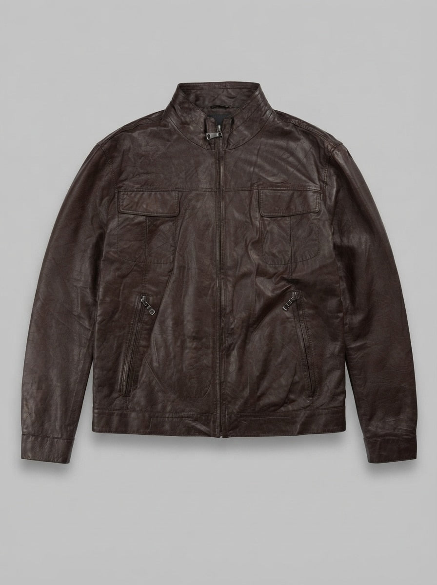 Brown leather cafe racer jacket, size L, shown flat from the front. Twin zip pockets.